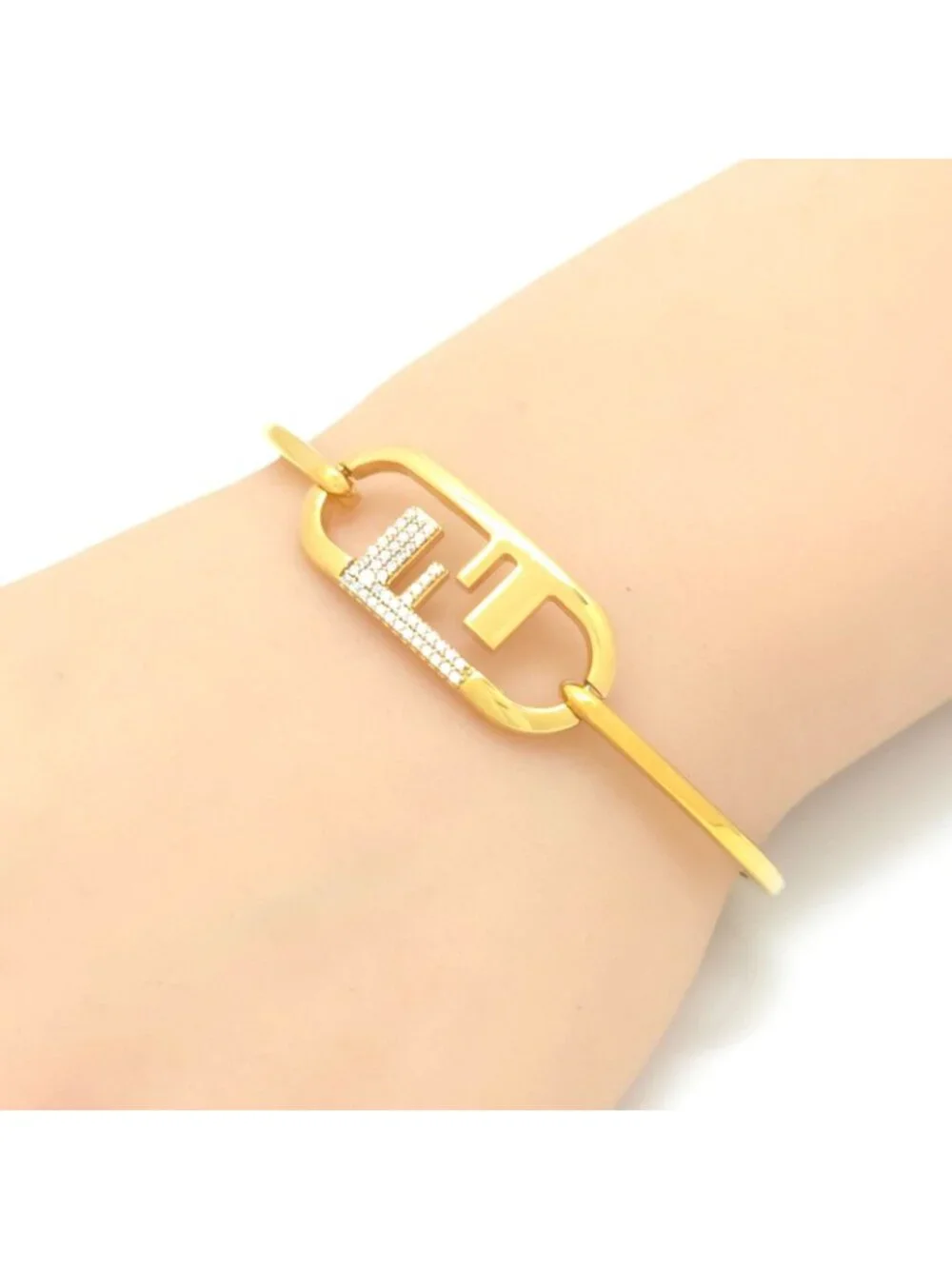 Fendi O'Lock Bracelet M Bangle Crystal Gold Metal